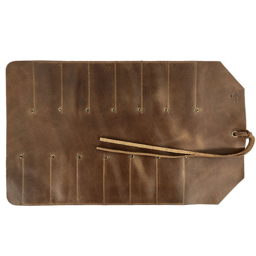 Another view of the 12 Pocket Tool Roll - Home Storage from Heavy Duty Hide, showcasing its 12 slots and robust Full Grain Leather design. Perfect for workshops and a stylish woodworking tools organizer. This portable carry-on pouch embraces vintage style and small batch production.