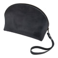 Stylish Accessory Pouch Organizer Hand Bag in black leather by Hide & Drink, showcasing full grain quality. This Cosmetic Travel Organizer with Hand Strap for Women serves as a chic Makeup Bag or Classic Handbag, highlighting artisan craftsmanship from La Antigua Guatemala & Oaxaca Mexico.