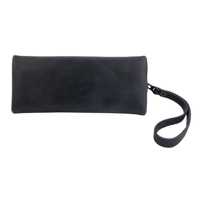 The back view of the Accessory Pouch Organizer Hand Bag by Hide & Drink, made from elegant full grain leather. Perfect as a Cosmetic Travel Organizer with Hand Strap for Women, this versatile bag is also a reliable Makeup Bag and Classic Handbag, crafted in small batches in La Antigua Guatemala & Oaxaca Mexico.