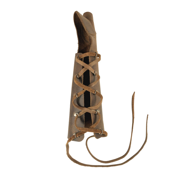 A top view of the Archery Forearm Protector by Valhalla Gear, showcasing its intricate lacing and full grain leather craftsmanship. This arm guard is ideal for training and cosplay, emphasizing the artisan handmade processes in La Antigua Guatemala & Oaxaca Mexico, as well as being part of small batch production.