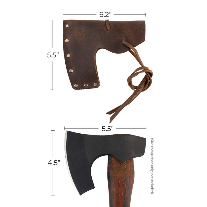 Valhalla Gear Bearded Axe Head Sheath with String displayed alongside its specification card, highlighting dimensions. This artisan leather sheath serves as a Riveted Axe Head Sheath with String and a Blade Safety Sleeve, perfect for Lumberjack and Camping Accessories, showcasing the craftsmanship of Small Batch Production in La Antigua Guatemala & Oaxaca Mexico.