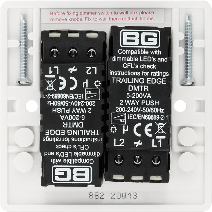 BG 882 Nexus White Moulded Intelligent 400W 2-Gang Dimmer Switch, 2-Way Push On-Off