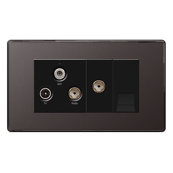 BG FBN68 Screwless Flatplate Black Nickel Triplex (TV-FM-SAT) + Return & Tel. Socket
