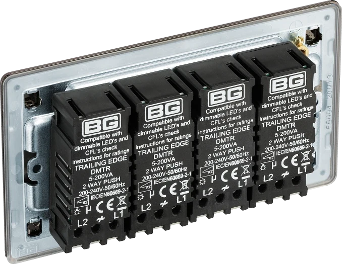 BG FBN84 Screwless Flatplate Black Nickel Intelligent  400W 4-Gang Dimmer Switch, 2-Way Push On-Off