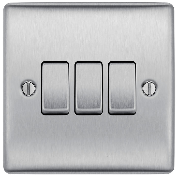 BG NBS43 Nexus Metal Brushed Steel Triple Switch, 10Ax 2 Way