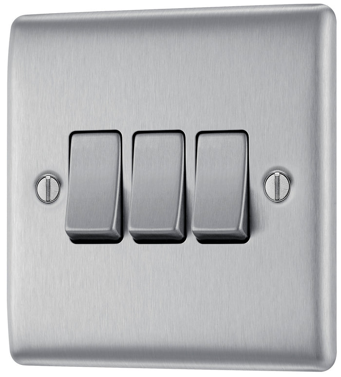 BG NBS43 Nexus Metal Brushed Steel Triple Switch, 10Ax 2 Way