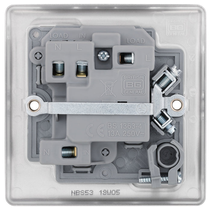 BG NBS53 Nexus Metal Brushed Steel Swi. 13A Fused Conn. Unit, w- Neon & Cable Outlet