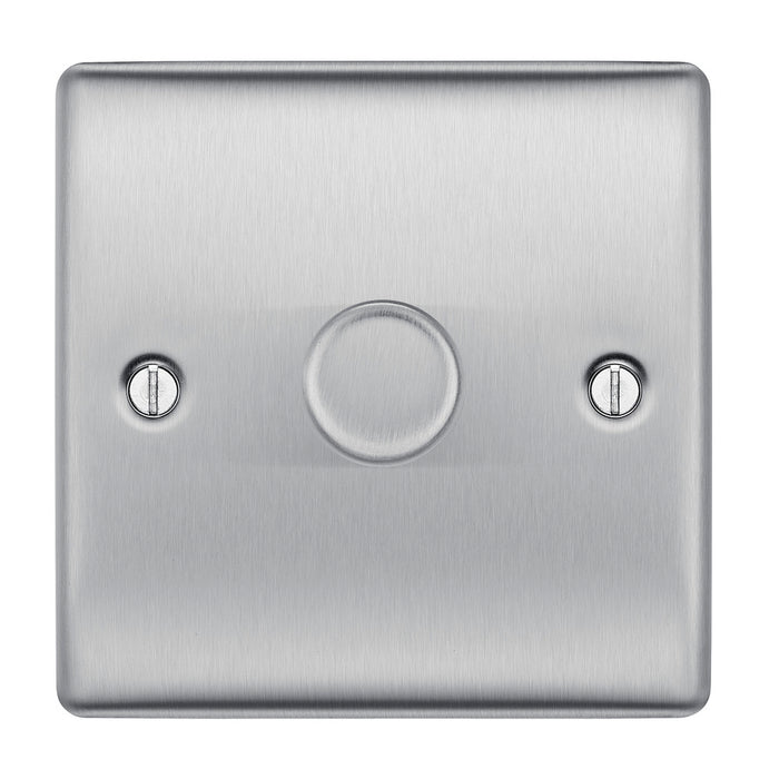 BG NBS81 Nexus Metal Brushed Steel 400W Intelligent Single Dimmer Switch, 2-Way Push On-Off