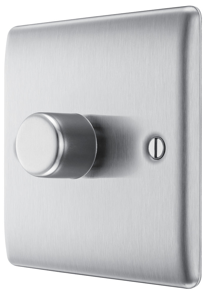 BG NBS81 Nexus Metal Brushed Steel 400W Intelligent Single Dimmer Switch, 2-Way Push On-Off