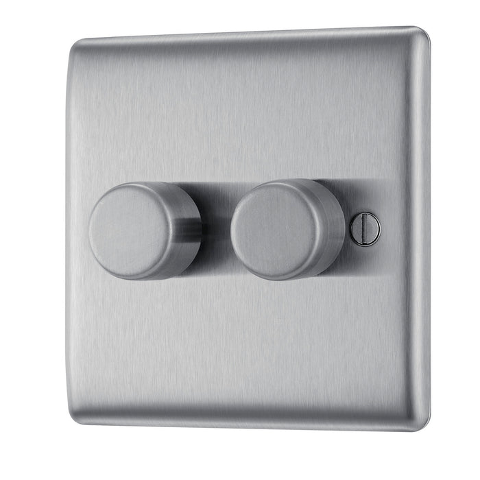 BG NBS82 Nexus Metal Brushed Steel Intelligent 400W Double Dimmer Switch, 2-Way Push On-Off