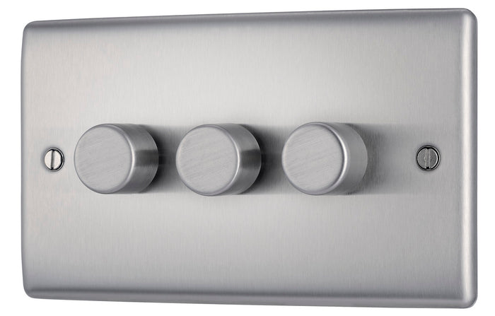 BG NBS83 Nexus Metal Brushed Steel Intelligent 400W Triple Dimmer Switch, 2-Way Push On-Off