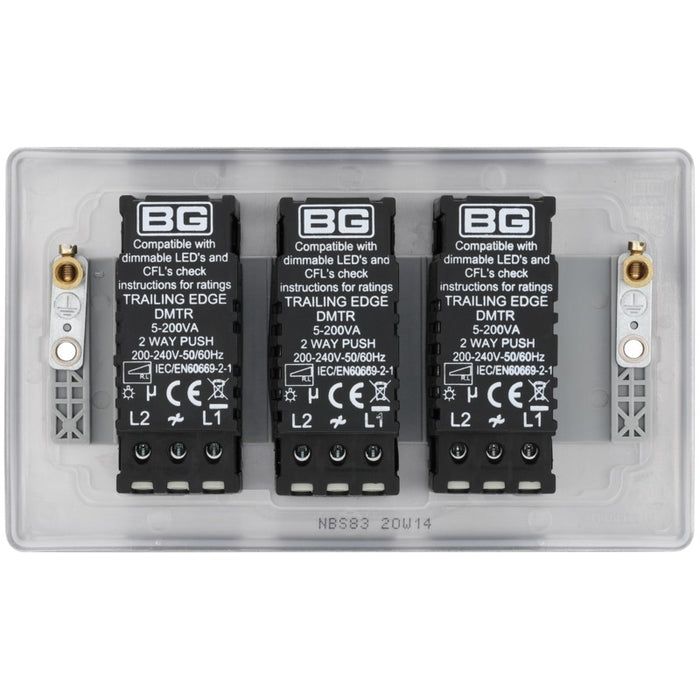 BG NBS83 Nexus Metal Brushed Steel Intelligent 400W Triple Dimmer Switch, 2-Way Push On-Off