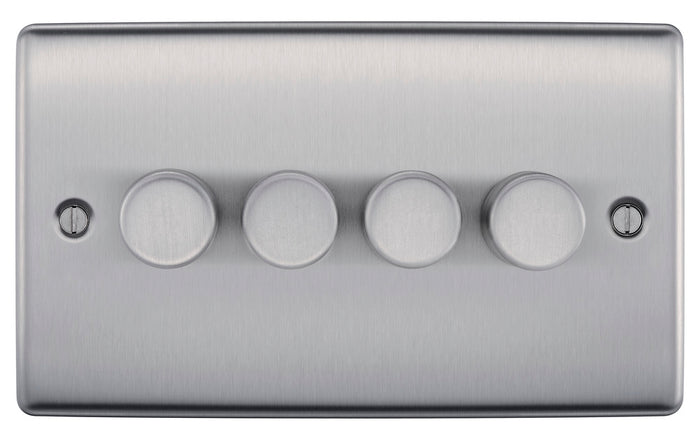 BG NBS84 Nexus Metal Brushed Steel Intelligent 400W Quadruple Dimmer Switch, 2-Way Push On-Off