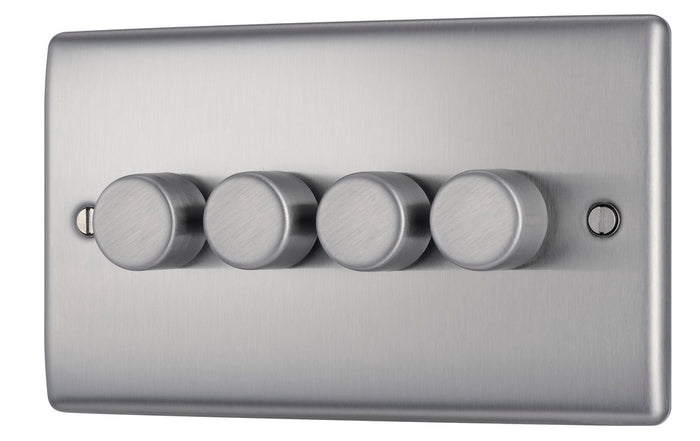 BG NBS84 Nexus Metal Brushed Steel Intelligent 400W Quadruple Dimmer Switch, 2-Way Push On-Off