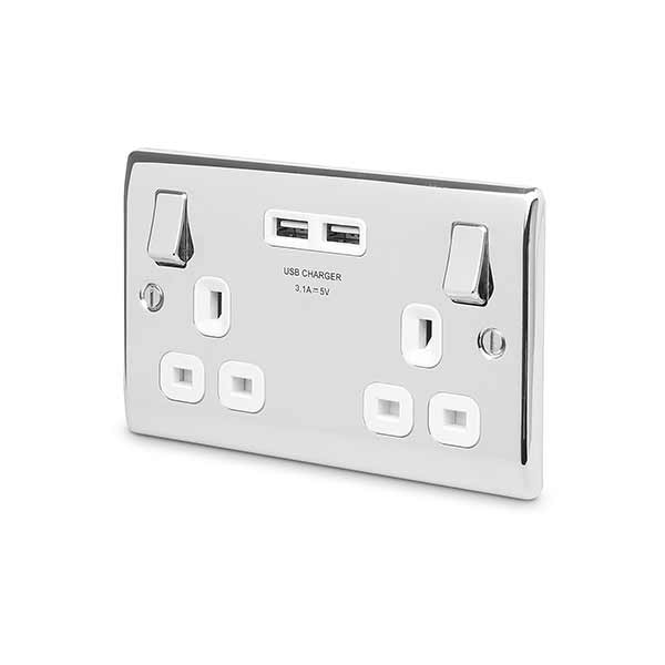 BG NPC22U3W Nexus Metal Polished Chrome 2x Swi. 13A Power Skt w- Usb Charging - 2X Usb Skts (3.1A)