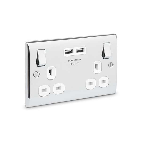 BG NPC22U3W Nexus Metal Polished Chrome 2x Swi. 13A Power Skt w- Usb Charging - 2X Usb Skts (3.1A)