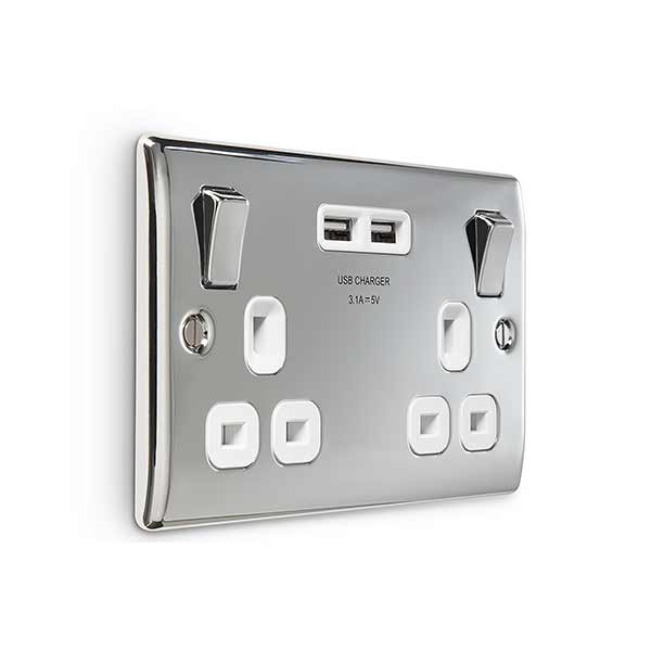 BG NPC22U3W Nexus Metal Polished Chrome 2x Swi. 13A Power Skt w- Usb Charging - 2X Usb Skts (3.1A)