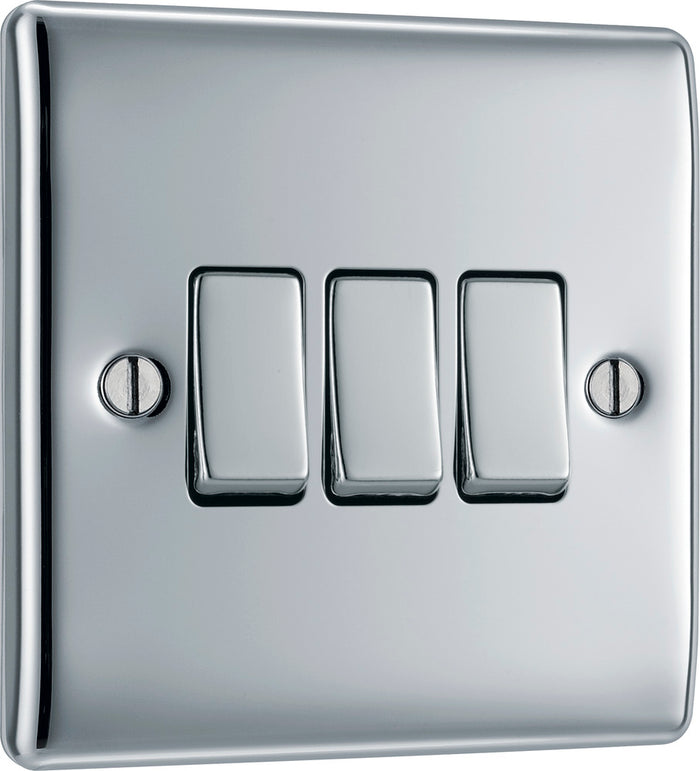 BG NPC43 Nexus Metal Polished Chrome Triple Switch, 10Ax 2 Way