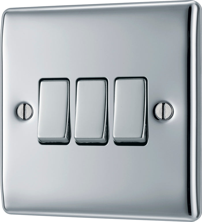 BG NPC43 Nexus Metal Polished Chrome Triple Switch, 10Ax 2 Way