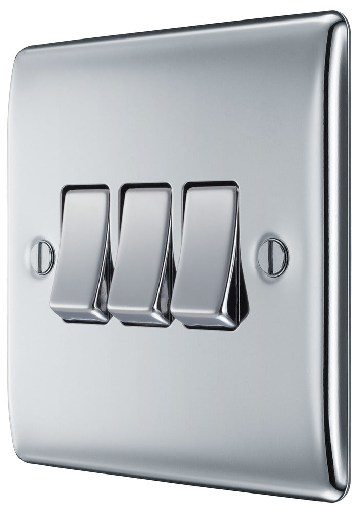 BG NPC43 Nexus Metal Polished Chrome Triple Switch, 10Ax 2 Way