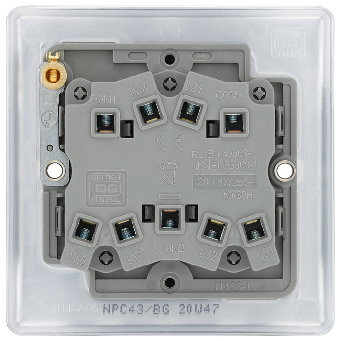 BG NPC43 Nexus Metal Polished Chrome Triple Switch, 10Ax 2 Way