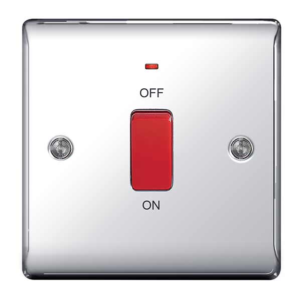BG NPC74 Nexus Metal Polished Chrome 45A Square Cooker Control Unit, With Power Indicator