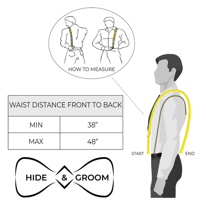 Measuring guide for Hide & Groom's Button End Suspenders, providing instructions for the perfect fit. Crafted from full grain leather, these suspenders are ideal for weddings and formal occasions. Handmade in La Antigua Guatemala by skilled artisans.