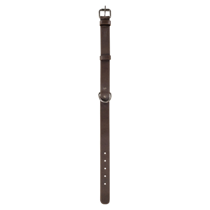 Top view of the Classic Dog Collar by Taco Dog, demonstrating its sleek and adjustable features. Crafted from full grain leather, this collar serves as both a decorative and practical outdoor accessory for pets. Classic Dog Collar 1.25" Wide, produced through artisan techniques in La Antigua Guatemala.