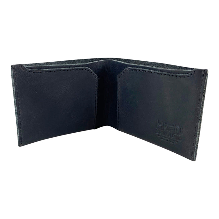 Open black Hide & Drink Classic Wallet showing card slots and cash area, designed for practicality and minimalist lifestyle. Classic Wallet, Card Organizer, Money Holder, Vintage Pocket, Travel Accessories, Full Grain Leather, StockyardX, Small Batch Production, Hand Cut, Hand Sewn, Fire Branded, Artisan, Handmade in La Antigua Guatemala & Oaxaca Mexico.