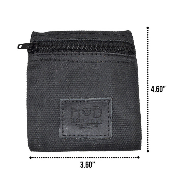 Hide & Drink Condom Pouch featuring dimensions, made from durable water resistant waxed canvas. This artisan pocket purse is perfect for everyday use and a thoughtful classic partner gift. Handmade in La Antigua Guatemala emphasizes meticulous craftsmanship.