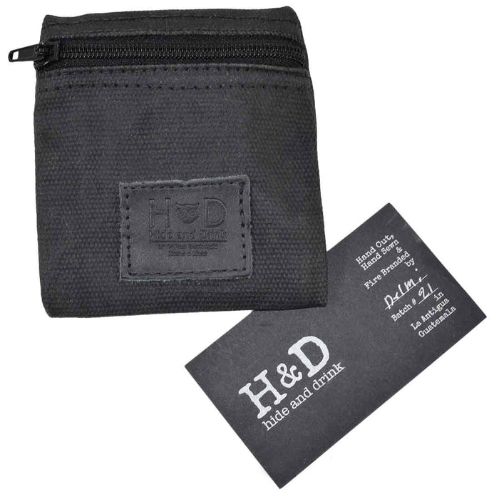 Hide & Drink Condom Pouch emphasizing the sturdy design, crafted from water resistant waxed canvas. A practical choice for valuables, making it a great classic partner gift for travel. Handmade in La Antigua Guatemala showcases artisan quality and dedication.
