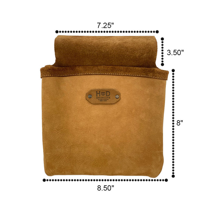 Dimensions of the Constructor Belt Bag in tan by Hide & Drink, designed for constructors. This tool belt bag features a large pocket made from high-quality full grain leather, artisan-crafted in La Antigua Guatemala & Oaxaca Mexico.