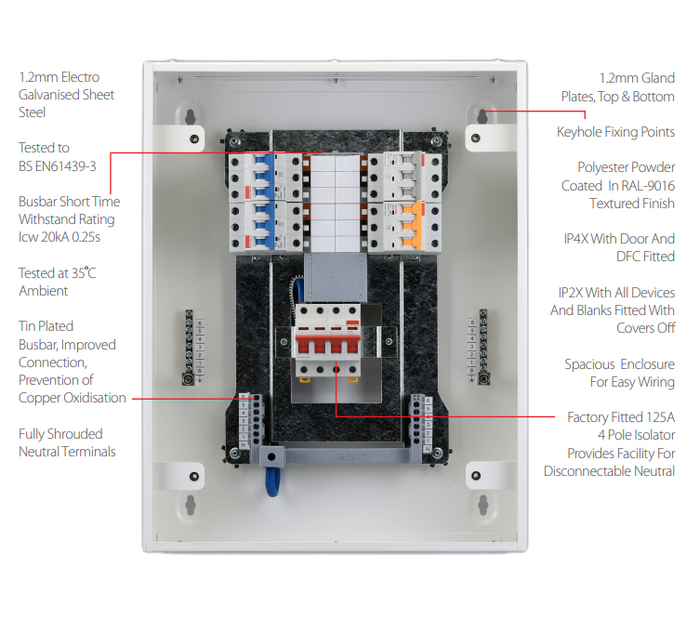 Contactum Type B Distribution Board 4 TP Ways  Provision for Iso- Board Rated 125A - DDB125PIR04