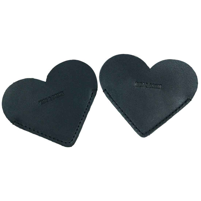 Side view of Leather Corner Heart Bookmarks (2 pack) by Hide & Drink in black, made with Full Grain Leather. This artisan product highlights small batch production and is handmade in La Antigua Guatemala and Oaxaca Mexico.