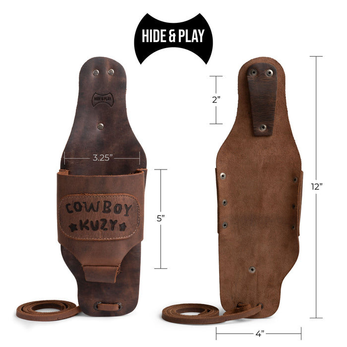 Measurement detail of the Cowboy Beer Holster by Hide & Play, highlighting dimensions in a stylish leather design perfect for every occasion. This Cowboy Beer Holster - Handsfree Beverage Holder, Bottle Leg Grip, Old School, Men's Party Gift Gear, Full Grain Leather, StockyardX, Small Batch Production, Hand Cut, Hand Sewn, Fire Branded, Artisan, Handmade in La Antigua Guatemala & Oaxaca Mexico.