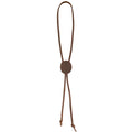 A classic Cowboy Bolo Tie from Western Leather Works showcasing a round shape design, expertly crafted from full grain leather. This artisan handmade accessory is a stylish necktie option, emphasizing small batch production, hand cut, and hand sewn techniques. Made proudly in La Antigua Guatemala & Oaxaca Mexico.