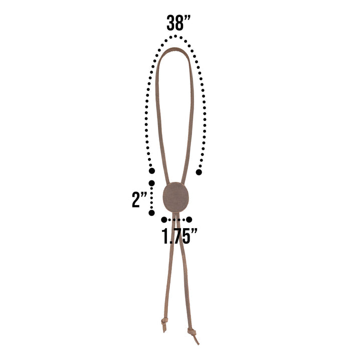 Cowboy Bolo Tie with dimensions of 38” length and 2” height by Western Leather Works, showcasing its round shape and full grain leather. This necktie accessory exemplifies small batch production and handcrafted quality, made in La Antigua Guatemala & Oaxaca Mexico.
