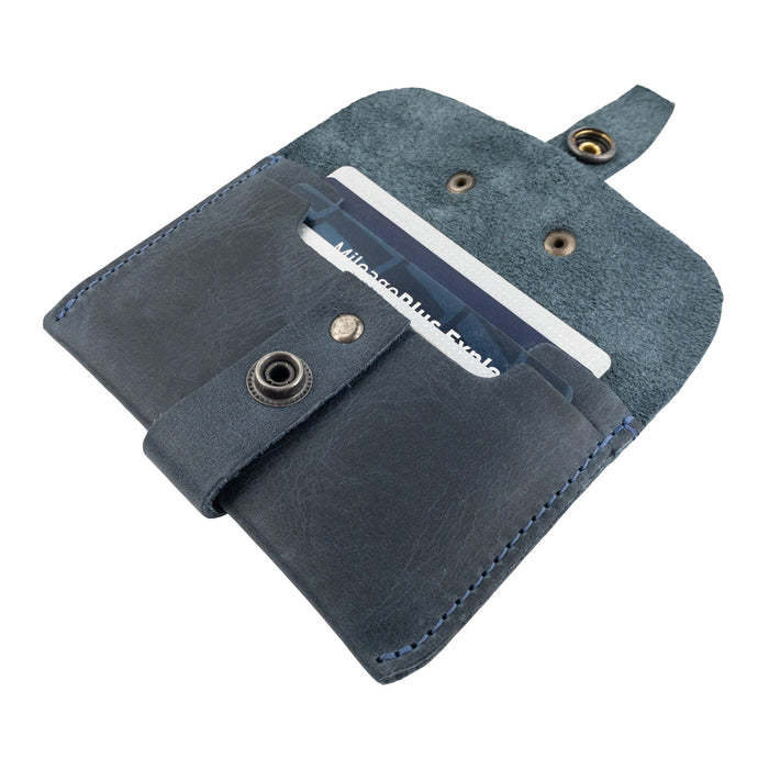 Interior view of Hide & Drink's navy Credit Card Holder, highlighting card slots. This handmade product from Full Grain Leather illustrates superior artisan craftsmanship and is ideal for those looking for a minimalist front pocket wallet.