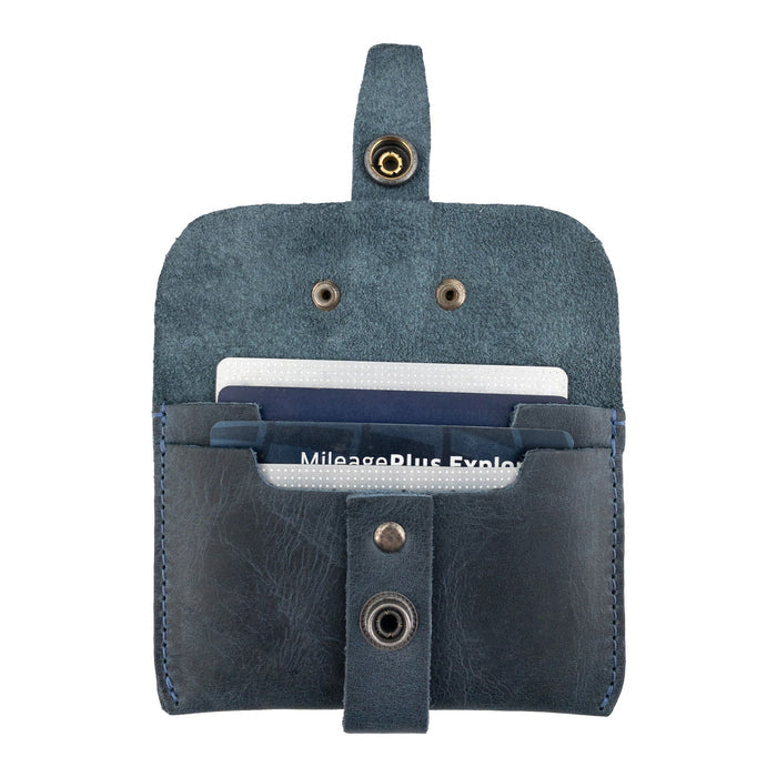 Hide & Drink's navy Credit Card Holder featuring functional card slots, made of Full Grain Leather. This handcrafted wallet embodies small batch production and artisanal design from La Antigua Guatemala.