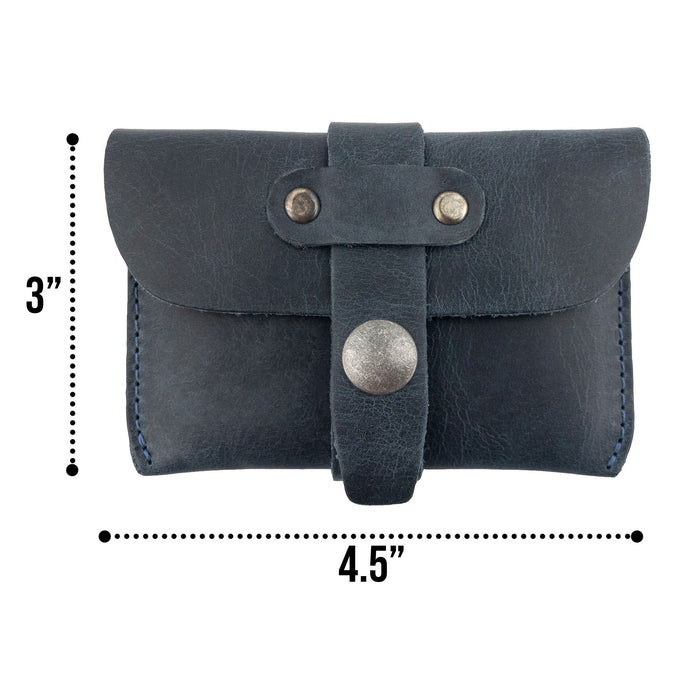 Dimensions view of Hide & Drink's navy Credit Card Holder. This stylish minimalist wallet, made from quality Full Grain Leather, serves as a perfect everyday carry while showcasing artisan handiwork from La Antigua Guatemala.