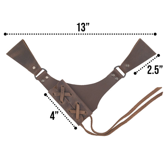 Dimensions of the Dangling Sword Holder by Hide & Play displayed clearly on a white background. This full grain leather accessory is essential for fantasy cosplay and historical costume enthusiasts, reflecting small batch production and artisan craftsmanship from La Antigua Guatemala and Oaxaca Mexico.