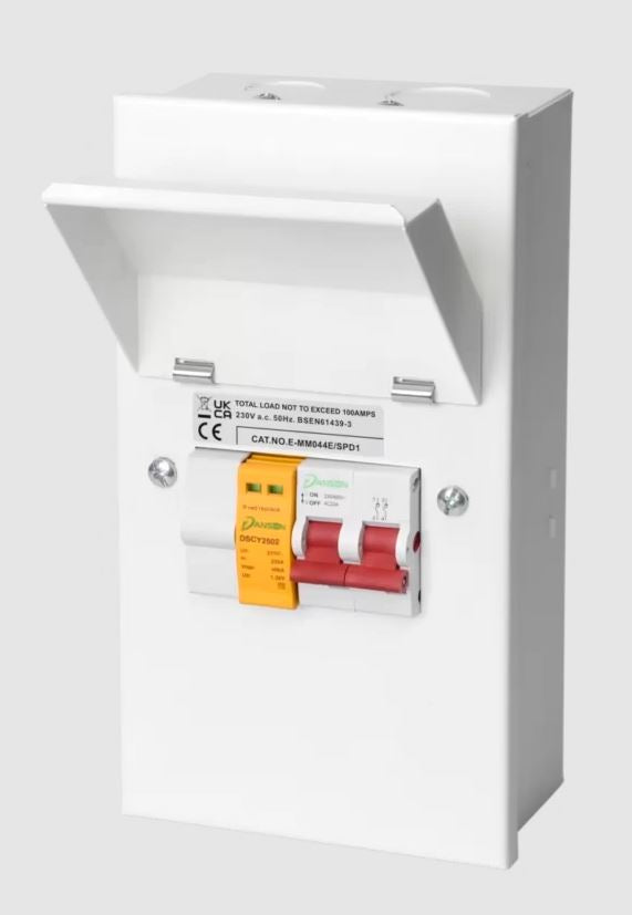 Danson E-MM044E-SPD1 4 Module Metal Consumer Unit with 100A Main Switch & T2 SPD