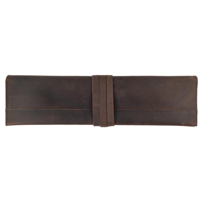 Cast Leather Co. Leather Double Knife Roll, showcasing the closed design with stylish ties. This artisan-crafted Full Grain Leather Double Knife Roll is perfect for chefs and cooks looking for rustic storage for kitchen knives, handmade in La Antigua Guatemala & Oaxaca Mexico.