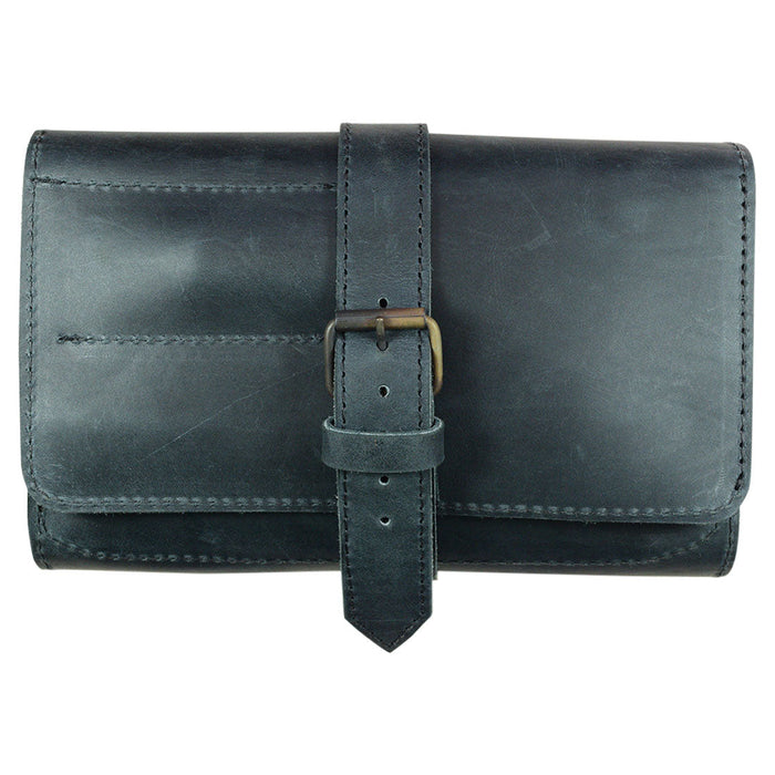 Front view of the Hide & Drink Double Pipe Tobacco Pouch showcasing its stylish closure and quality Full Grain Leather. This artisan pouch represents small batch production and fire branding, ideal for tobacco enthusiasts.