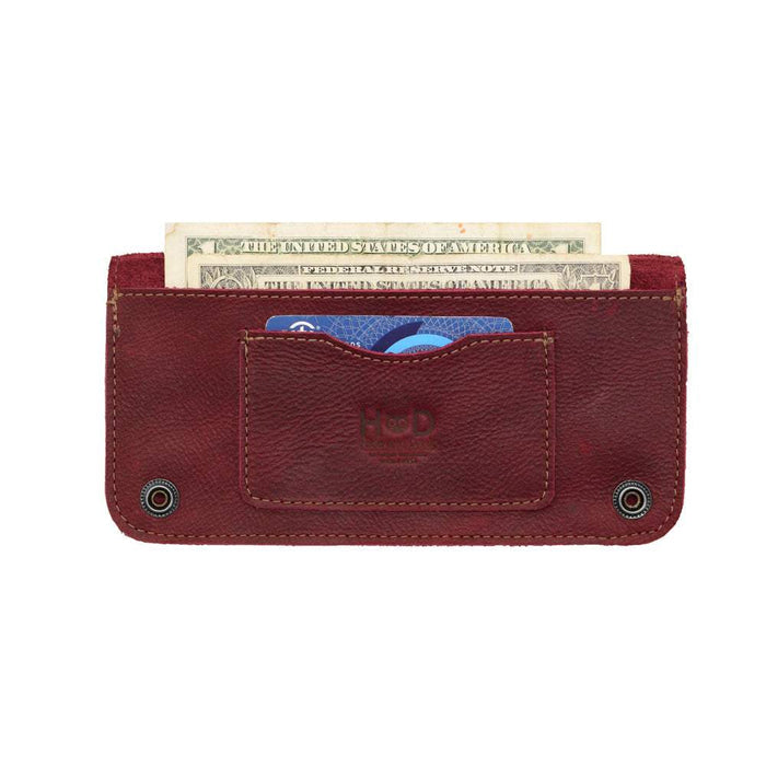 Front view of the Red Double Snap Folio Wallet by Hide & Drink, focused on its card slots and cash area. This full grain leather wallet combines functionality and elegance, serving as a durable night bag and travel accessory, handcrafted in La Antigua Guatemala & Oaxaca Mexico.