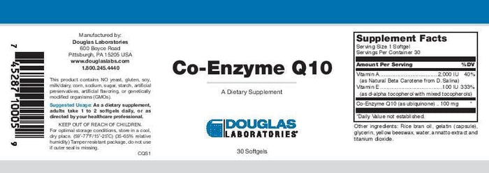Douglas Laboratories Co-Enzyme Q10 Plus Vitamins A & E Label