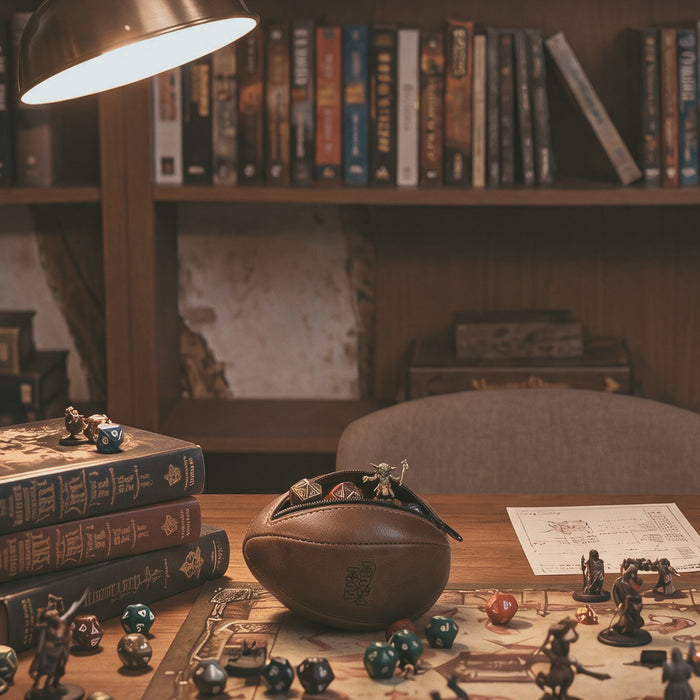 Tudi Frudi Dragon Egg Pouch displayed on a tabletop in a fantasy game room, featuring brown Full Grain Leather, StockyardX Small Batch Production, Hand Cut and Hand Sewn construction, Fire Branded detail, and Artisan quality Handmade in La Antigua Guatemala & Oaxaca Mexico.