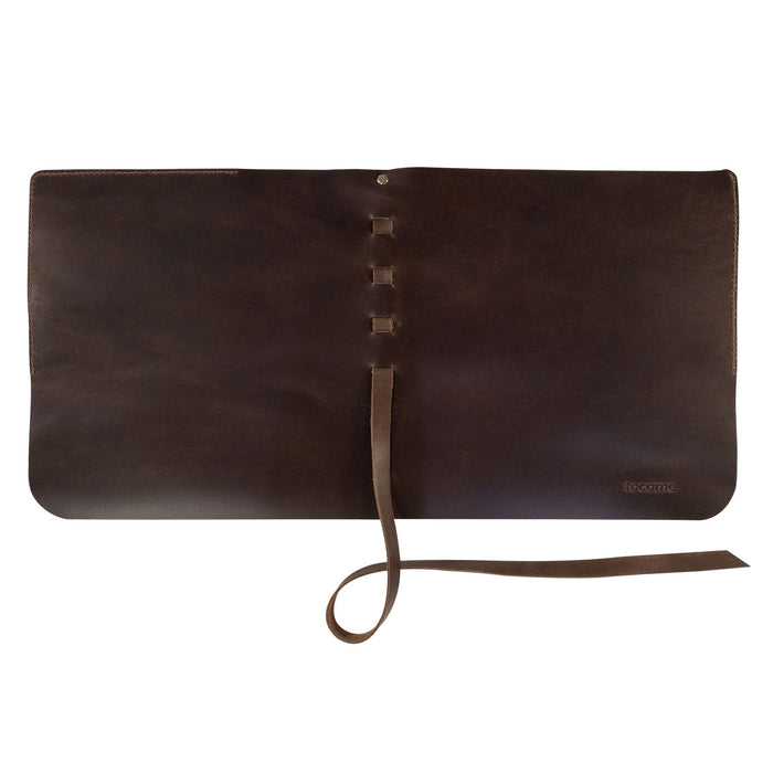 Flat layout of the Drum Stick Roll from tocame, measuring 18 inches long and 9 inches wide, designed to accommodate several drumsticks comfortably. The Full Grain Leather construction ensures longevity, making this drum stick case an essential accessory for drummers who value quality and craftsmanship.