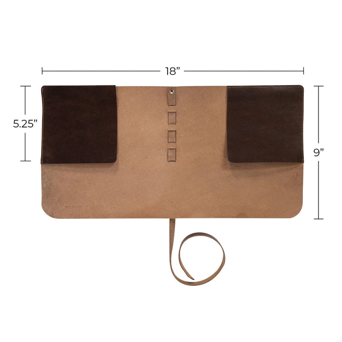 Detailed measurement view of the Drum Stick Roll by tocame, highlighting its dimensions of 18" length by 9" height. This stylish and functional drum stick case is handmade from Full Grain Leather, perfect for drummers seeking a beautiful and practical storage solution for their sticks.