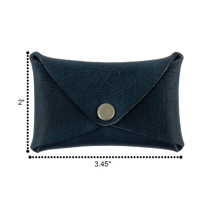 Dimensions of the Hide & Drink Envelope Coin Case in navy leather, emphasizing its compact and practical design. Handcrafted from full grain leather, this piece showcases artisan excellence in La Antigua Guatemala & Oaxaca Mexico.